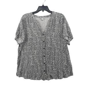 Amazon Essentials Animal Print Blouse Large Black White Button Front V Neck Work